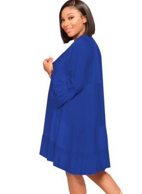 Spring Blue V-Neck Ruffles Casual Blouse Dress