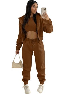 Winter Brown Thick Hooded Three Piece Pants Tracksuit