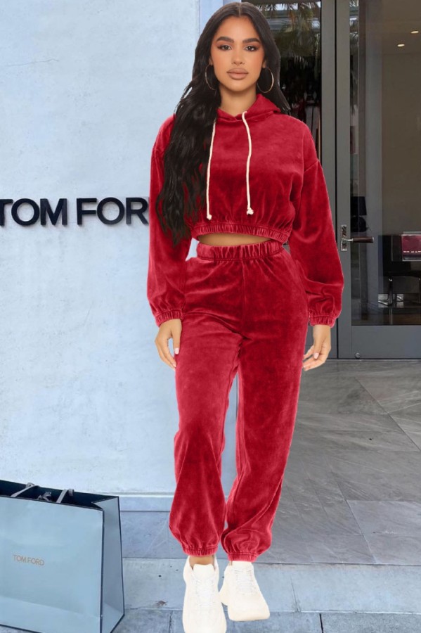 Spring Red Hoody Cropped Velvet Two Piece Sweatsuit