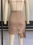 Winter Brown Velvet High Waist Fringe Mini Skirt
