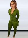 Spring Green Casual Ruched Strings Top and Pants Two Piece Set