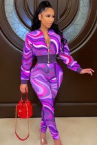 Spring Purple Print Cropped Zipper Jacket and Pants Two Piece Set