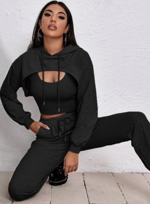 Spring Sportswear Vendors Black Crop Tank Long Sleeve Hoody Cape Top And Sweatpants 3 Pcs Set
