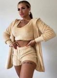 Winter Warm Khaki Fleece Hoody Coat Crop Tank And Shorts 3 Pcs Pajamas