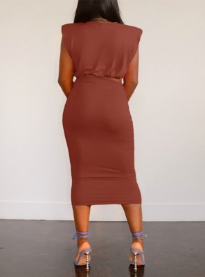 Spring Sexy Brown Round Neck Cape Short Sleeve Crop Top And Pencil Skirt Wholesale 2 Piece Sets