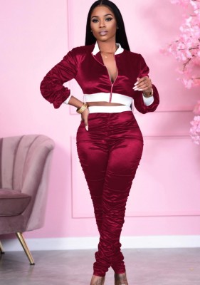 Spring Sexy Wine Red Contrast Ruched Long Sleeve Zip Up Crop Top And Match Pants Cheap Wholesale Two Piece Sets