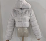Winter Warmth Gray Hoody Long Sleeve Fur Coat