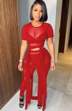 Spring Sexy Red Mesh Lace Up Crop Short Sleeve Top And Skinny Pants Wholesale 2 Piece Sets