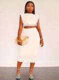 Spring Sexy White Round Neck Cape Short Sleeve Crop Top And Pencil Skirt Wholesale 2 Piece Sets