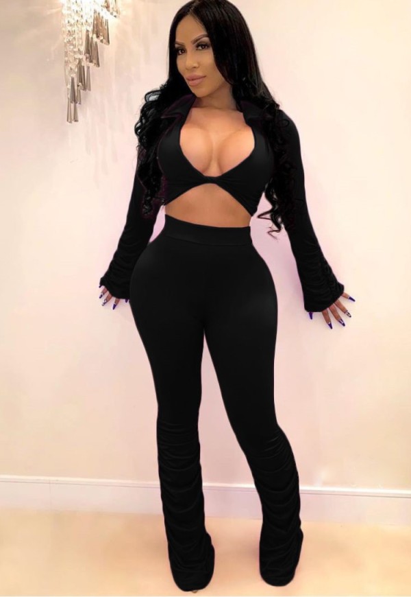 Spring Sexy Black V Neck Long Sleeve Crop Blouse And High Waist Ruched Pants Wholesale Womens 2 Piece Sets