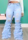 Spring Sexy Plus Size Light Blue High Waist Ripped Holes Layered Fringe Flare Jeans