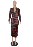 Spring Sexy Brown Stripes Printed Zip Up Full Sleeve Long Dress