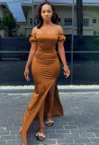 Spring Elegant Light Brown Off Shoulder Short Sleeve Slit Mermaid Evening Dress