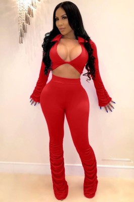 Spring Sexy Red V Neck Long Sleeve Crop Blouse And High Waist Ruched Pants Wholesale Womens 2 Piece Sets