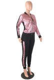 Spring Casual Pink Sequins Patch Zipper Up Long Sleeve Two Piece Tracksuit