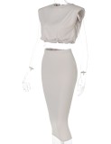 Spring Sexy Gray Round Neck Cape Short Sleeve Crop Top And Pencil Skirt Wholesale 2 Piece Sets