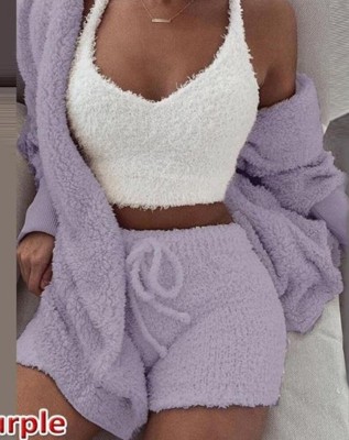 Winter Warm Purple Fleece Hoody Coat Crop Tank And Shorts 3 Pcs Pajamas