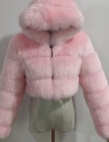 Winter Warmth Pink Hoody Long Sleeve Fur Coat