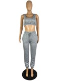 Spring Casual Gray Crop Cheap Yoga Bra Solid Baseball Jacket And Sweatpants 3Pcs Set Tracksuit Vendors