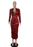 Spring Sexy Red Stripes Printed Zip Up Full Sleeve Long Dress