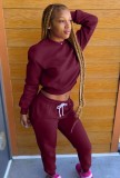 Winter Casual Wine Red Round Neck Long Sleeve Sweatshirt And Beaded Sweatpants Two Piece Wholesale Sportswear
