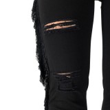 Spring Sexy Plsu Size Dark Black High Waist Ripped Hole Fringe Tassels Jeans