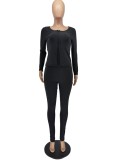 Winter Casual Black Rib Zip Up Long Sleeve Slim Top And Skinny Pants Cheap Wholesale Two Piece Sets