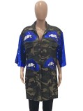 Spring Blue Sequins Half Sleeve Mouth Printed Loose Camous Long Blouse