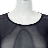 Spring Sexy Black See Through Mesh Round Neck Long Sleeve Slim Bodysuit And Shorts Wholesale Two Piece Short Set