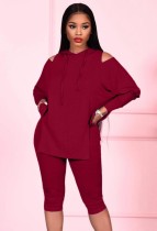 Spring Casual Red Cutout Long Sleeve Loose Hoodies And Skinny Midi Pants Two Piece Set Wholesale Jogger Suit