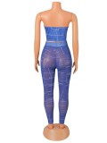 Spring Sexy Blue Mesh Lace-Up Strapless Tube Top And Skinny Pants Set Wholesale 2 Piece Outfits