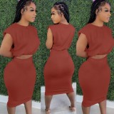 Spring Sexy Brown Round Neck Cape Short Sleeve Crop Top And Pencil Skirt Wholesale 2 Piece Sets