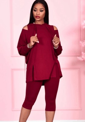 Spring Casual Red Cutout Long Sleeve Loose Hoodies And Skinny Midi Pants Two Piece Set Wholesale Jogger Suit