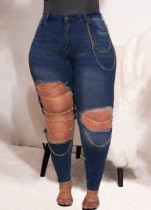 Spring Sexy Plsu Size Dark Blue Low Waist Ripped Hole Chain Jeans