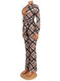 Spring Sexy Plaid Printed V Neck Waist Tied Long Sleeve Jumpsuit