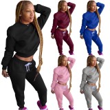 Winter Casual Wine Red Round Neck Long Sleeve Sweatshirt And Beaded Sweatpants Two Piece Wholesale Sportswear