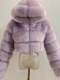 Winter Warmth Purple Hoody Long Sleeve Fur Coat