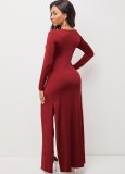 Spring Sexy Wine Red Round Neck Front Cross Long Sleeve Irregular Long Top And Match Skinny Pants Wholesale Two Piece Sets