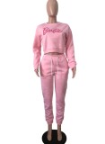 Winter Casual Letter Printed Pink Rouned Neck Long Sleeve Sweatshirt And Sweatpants Two Piece Wholesale Sportswear
