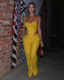 Spring Sexy Yellow Halter Faux Pu Leather Irregular Tank And Match Pants Wholesale Two Piece Sets