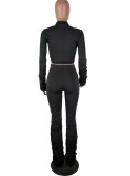 Spring Sexy Black V Neck Long Sleeve Crop Blouse And High Waist Ruched Pants Wholesale Womens 2 Piece Sets