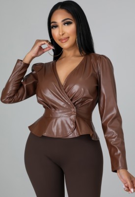 Spring Sexy Brown Wrap V Neck Ruffled Faux Pu Leather Jacket