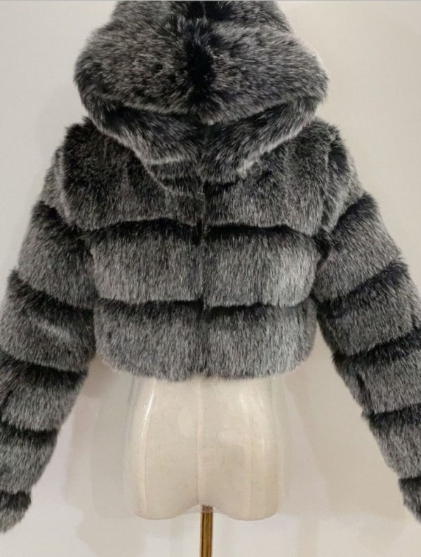 Winter Warmth Dark Gray Hoody Long Sleeve Fur Coat