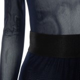 Spring Sexy Black See Through Mesh Round Neck Long Sleeve Slim Bodysuit And Shorts Wholesale Two Piece Short Set