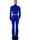 Spring Sexy Blue V Neck Long Sleeve Crop Blouse And High Waist Ruched Pants Wholesale Womens 2 Piece Sets