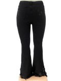 Spring Sexy Plus Size Black High Waist Ripped Hole Flare Jeans