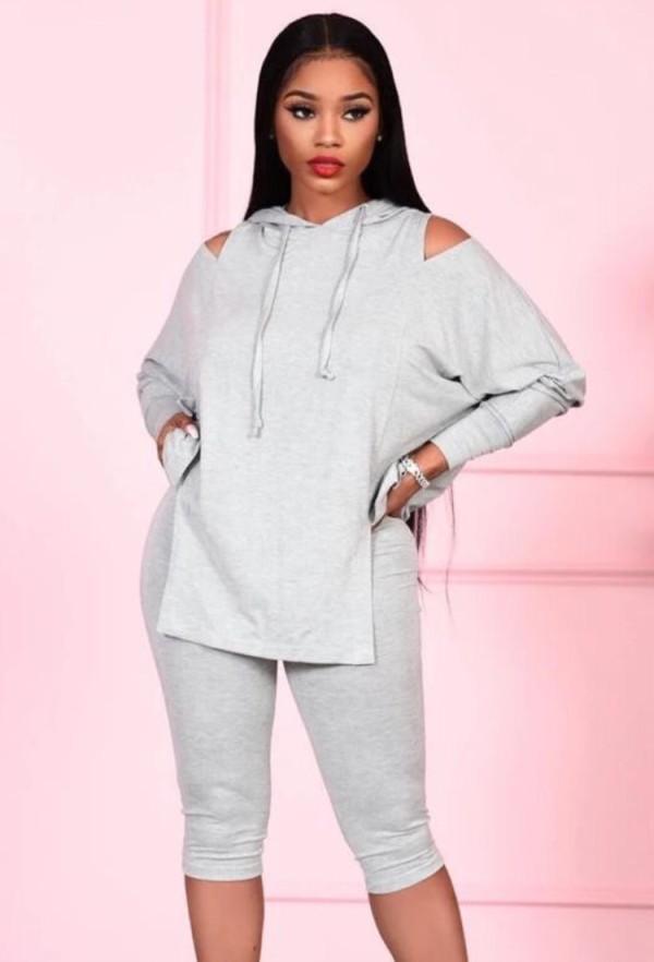 Spring Casual Gray Cutout Long Sleeve Loose Hoodies And Skinny Midi Pants Two Piece Set Wholesale Jogger Suit