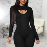 Spring Sexy Black Straps Skinny Jumpsuit And Long Sleeve Hoody Cape Top Wholesale Womens 2 Piece Sets