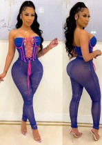 Spring Sexy Blue Mesh Lace-Up Strapless Tube Top And Skinny Pants Set Wholesale 2 Piece Outfits