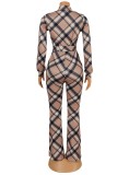 Spring Sexy Plaid Printed V Neck Waist Tied Long Sleeve Jumpsuit